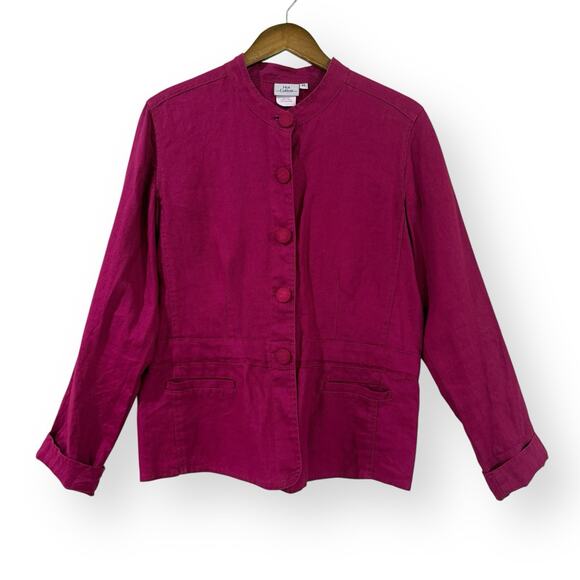 Hot Cotton Magenta Pink Linen Button Front Jacket Blazer Womens Size M Pockets - Picture 1 of 9